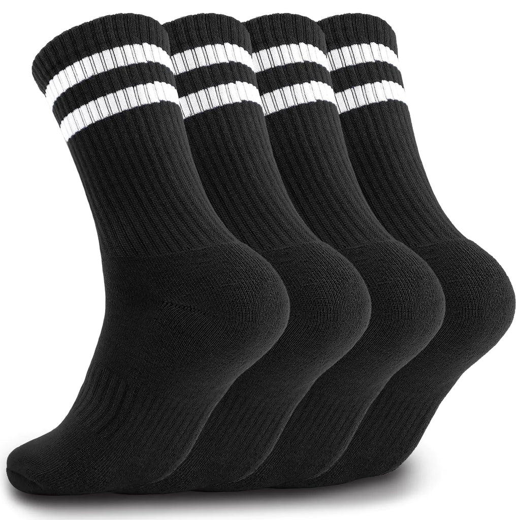Airpal 4 Pairs Athletic Socks Cotton Cushioned Striped Crew Socks Sports Running Socks for Men Women Teens (Large Black+White Stripe)