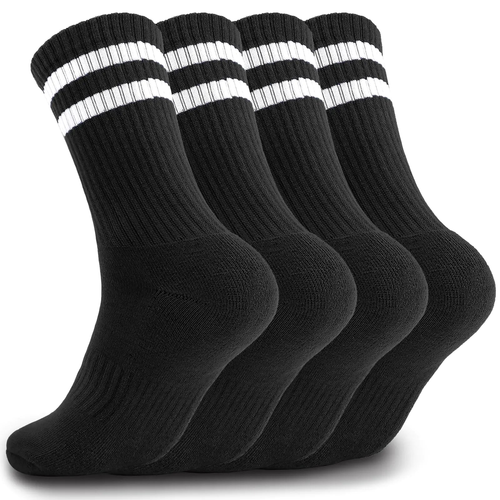 Airpal 4 Pairs Athletic Socks Cotton Cushioned Striped Crew Socks Sports Running Socks for Men Women Teens (Large Black+White Stripe)